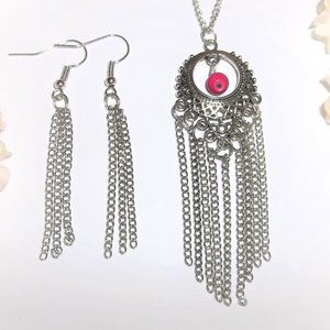 Pink and Silver Long Necklace and Chain Dangle Earrings Set Fringe Tassel A630